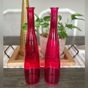 VTG 2PC Bright Pink Bohemian Glass Decanters W/O Tops!